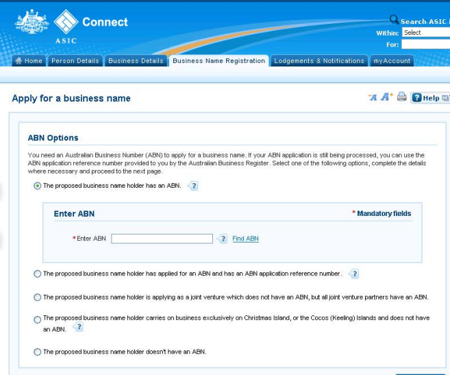 Enter ABN details in ASIC connect portal while registering a business name