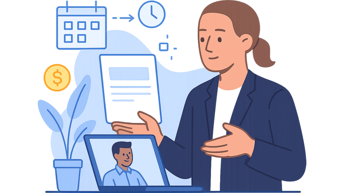 a founder on a video call from overseas while an australian adviser reviews an asic notice on screen