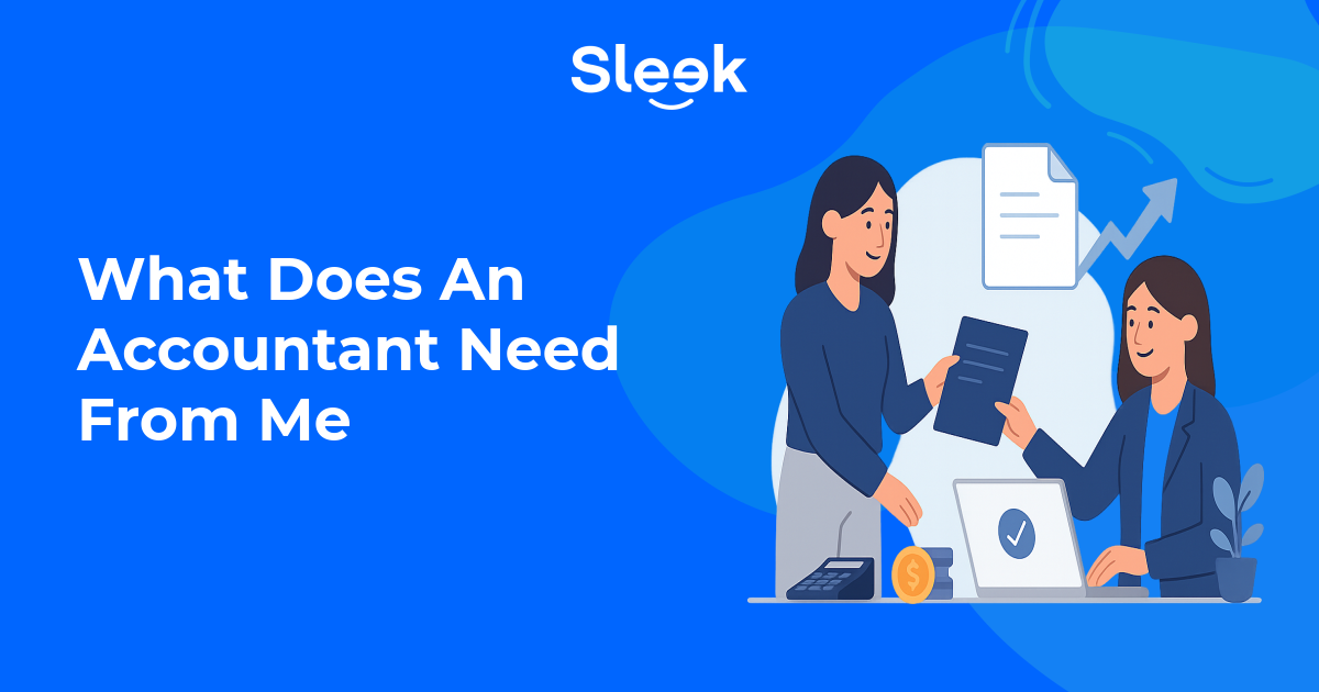clean friendly flat illustration of a founder at a desk handing a tidy folder a laptop showing a simple accounting dashboard and a small