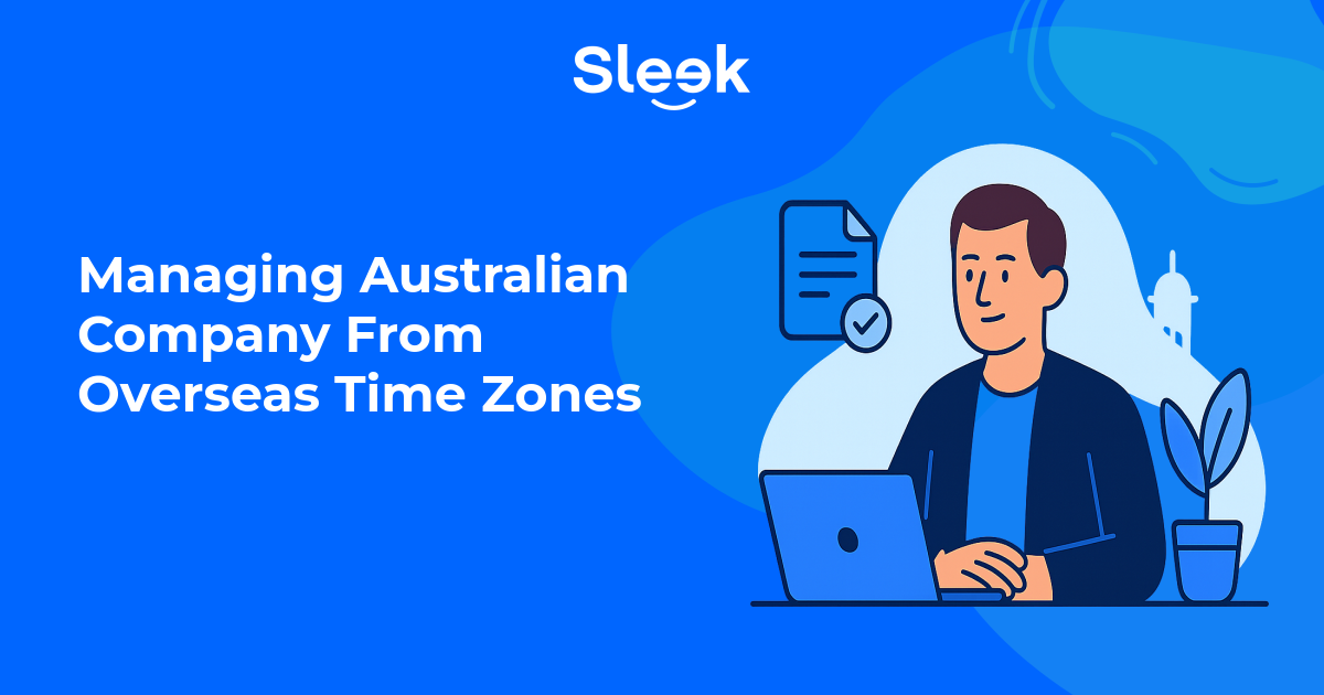 a founder at a laptop in a home office at dusk a world clock showing sydney and an overseas city calm and in control flat editorial