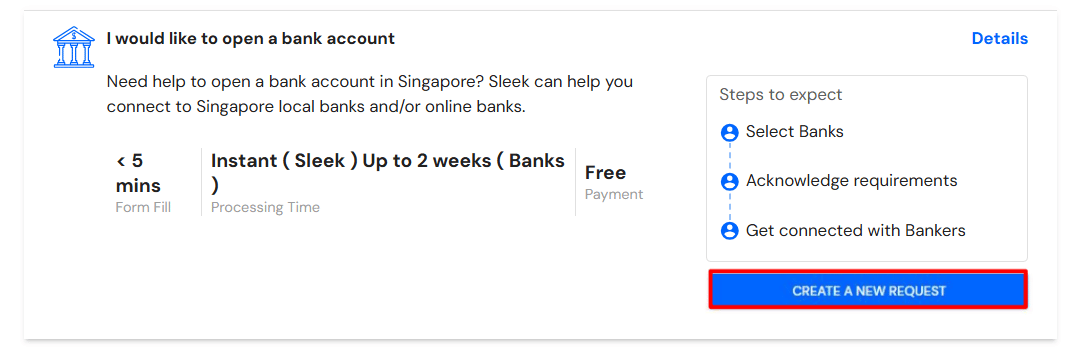 Create a new request on Sleek to open your bank account for business