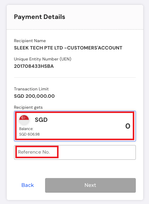 Input the SGD amount and a reference number