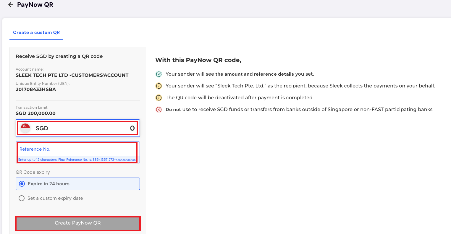 Set the amount, reference, and QR expiry