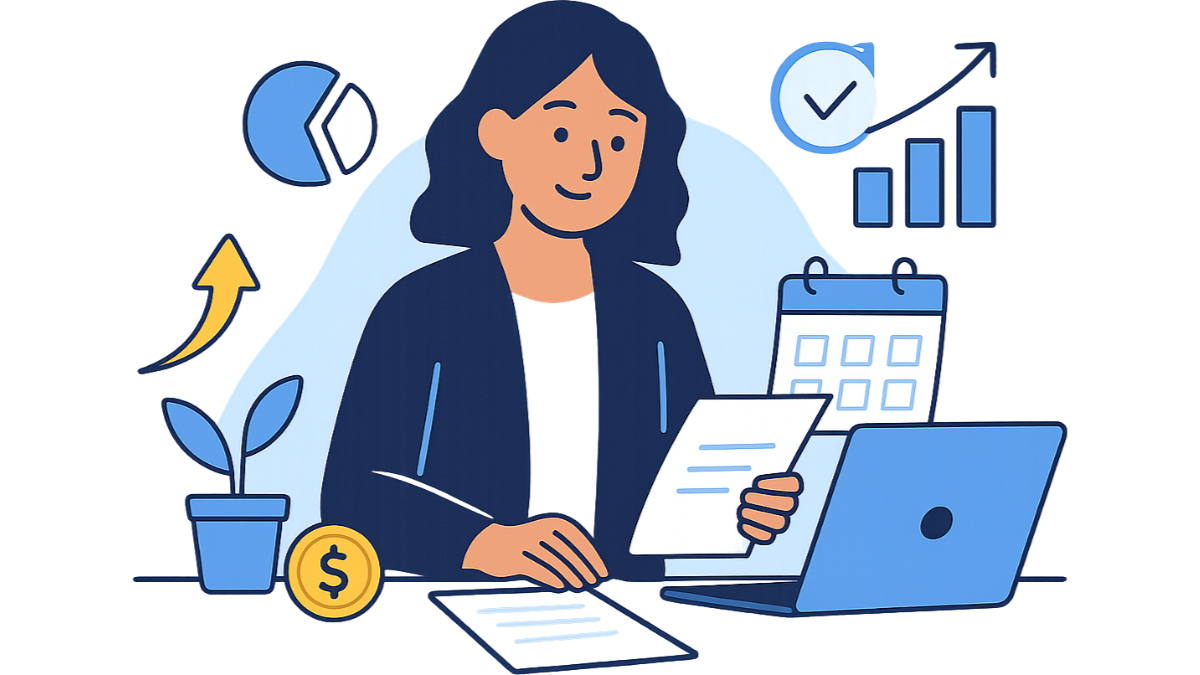a small-business owner reviewing monthly business paperwork at a desk with a laptop