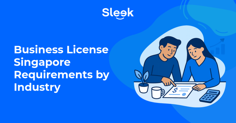 flat illustration of a shopfront with a licence certificate and checklist singapore feel sleek brand colours no text