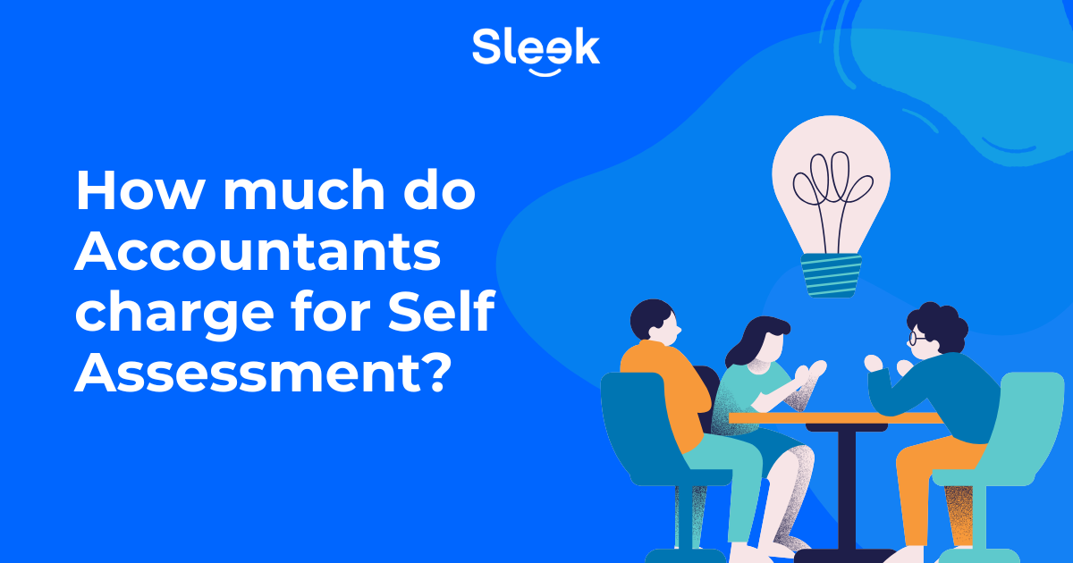 Illustration of three people discussing at a table under a lightbulb with the text: How much do accountants charge for self assessment? Sleek logo.