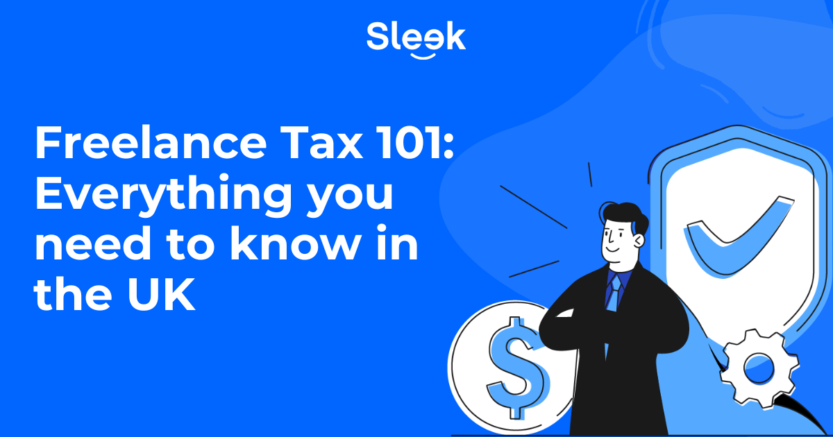 Sleek UK graphic with 'Freelance Tax 101' title, illustrated businessperson, and icons for finance and compliance