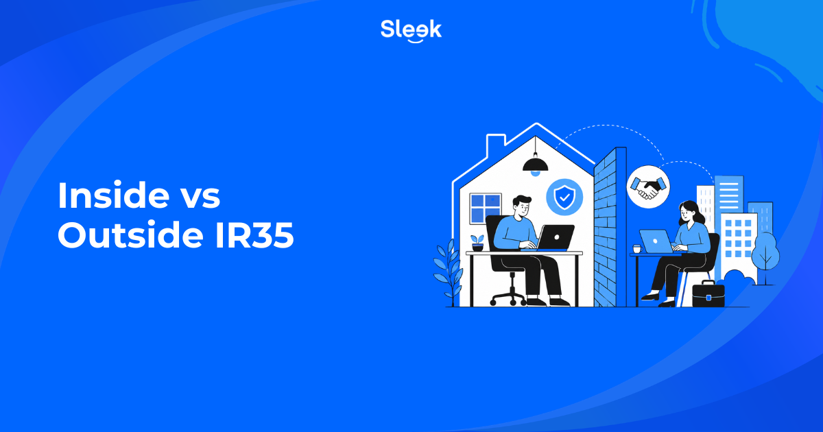 Inside vs outside IR35 illustration showing a contractor working from home and another working at a client office, representing the two IR35 status outcomes for UK contractors.