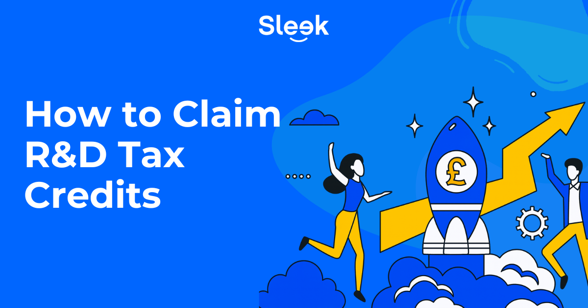 Illustration showing a business owner calculating R&D tax credits with a laptop, documents, and HMRC paperwork, representing how to claim R&D Tax Credits in the UK.