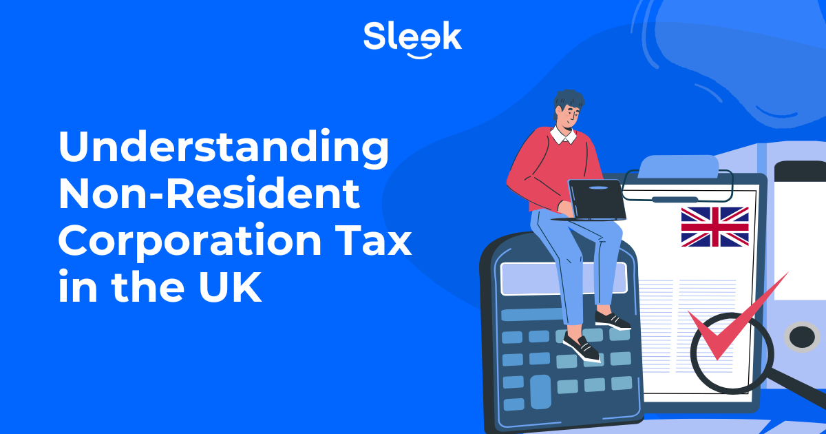 Illustration of a person working on a laptop beside a large calculator and clipboard with a UK flag, representing guidance on Non-Resident Corporation Tax in the UK.