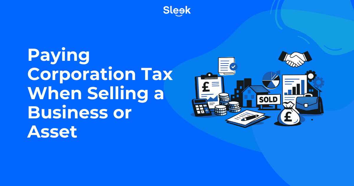 Paying Corporation Tax when selling a business or company asset, showing property, financial documents, charts, and cash from a completed sale.