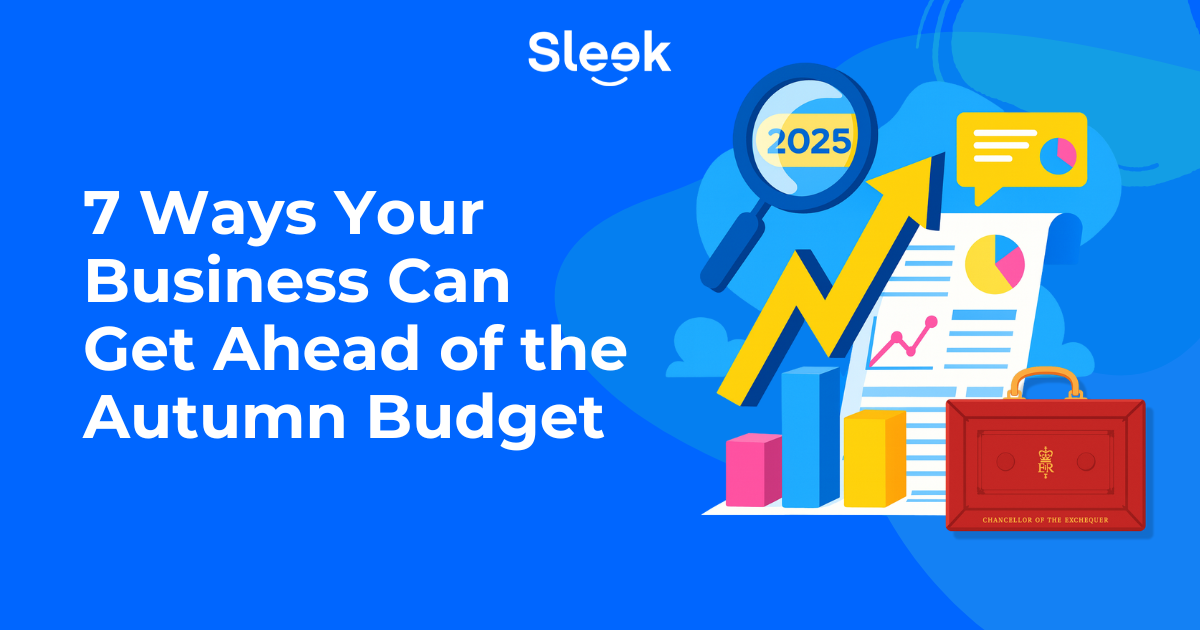 Flat illustration showing business charts, a rising arrow, a magnifying glass with “2025”, and the Chancellor’s red Budget briefcase, representing how SMEs can get ahead of the Autumn Budget.