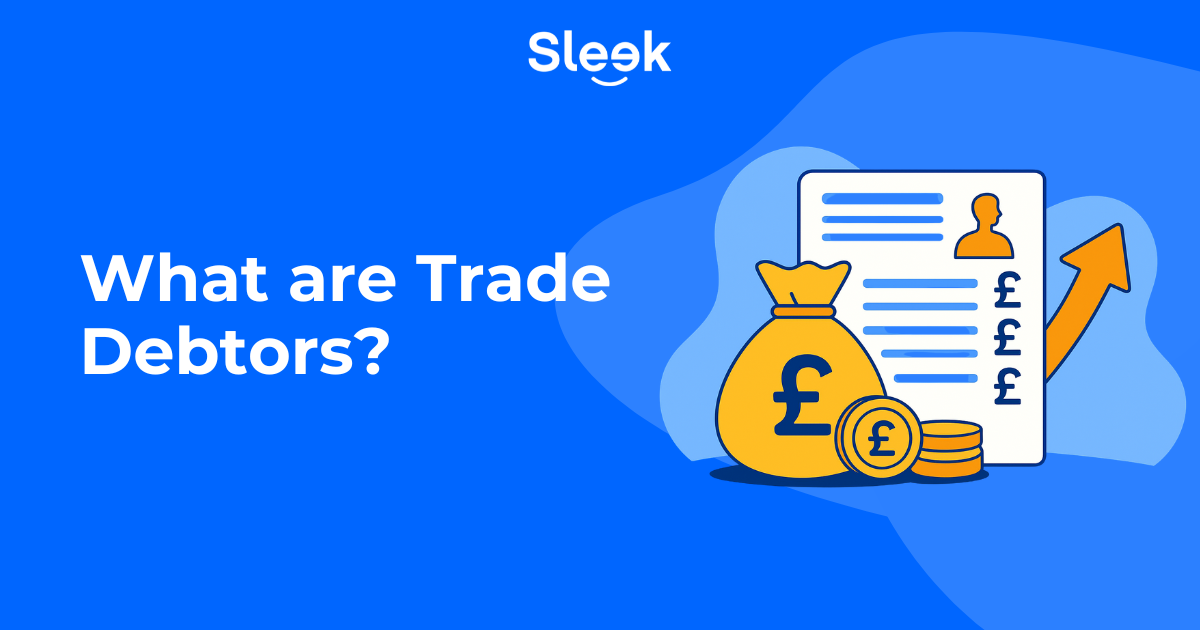 Illustration showing a document with customer payment details, a money bag, coins, and an upward arrow representing trade debtors in business accounting.