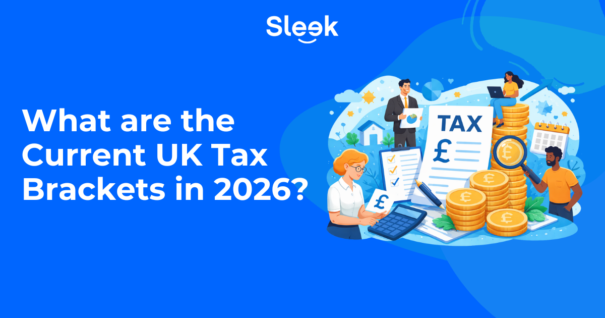 Illustration showing people analysing UK tax brackets in 2026, with pound coins, calculator and tax documents representing income tax bands and rates.