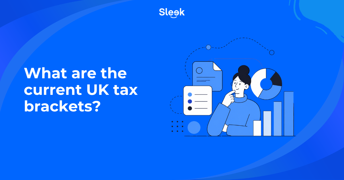 Alt text: Blue Sleek blog thumbnail asking what are the current UK tax brackets, with a person reviewing charts