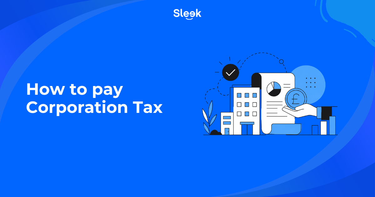 Sleek branded blog thumbnail titled How to pay Corporation Tax with an illustration of an office building, a tax document and a hand holding a pound coin
