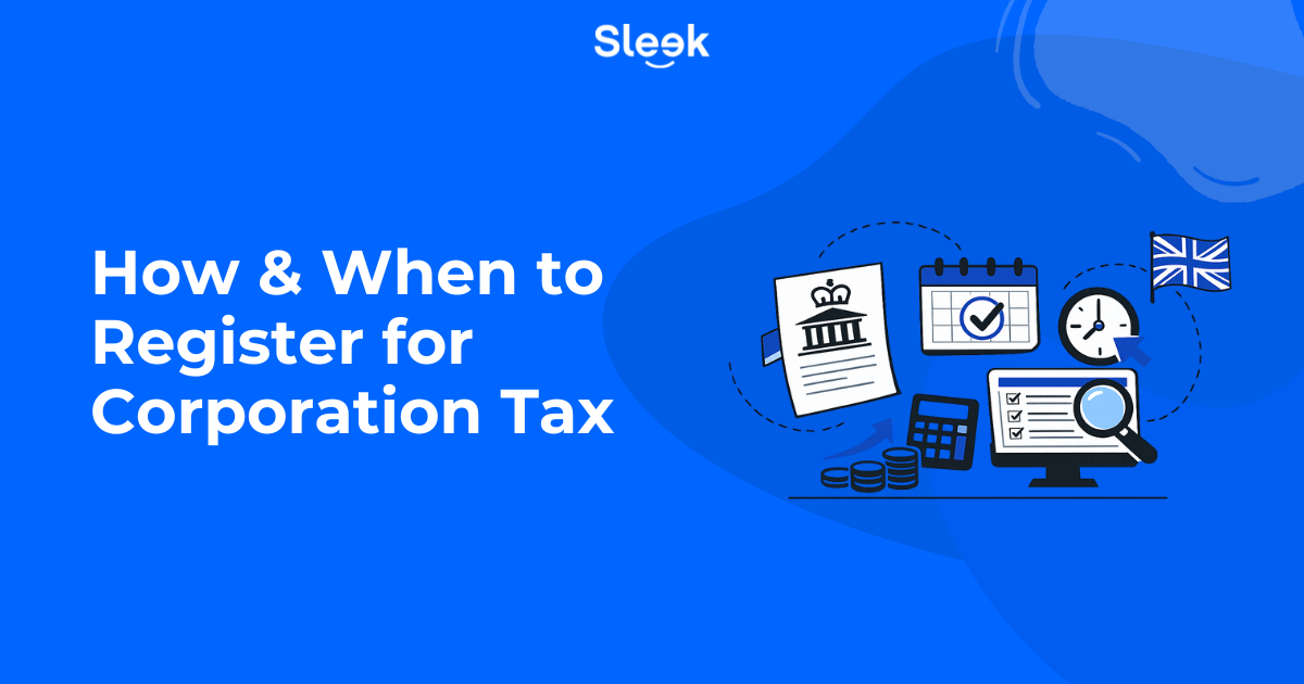 How and when to register for Corporation Tax in the UK, showing HMRC documents, calendar deadlines, and company tax setup icons