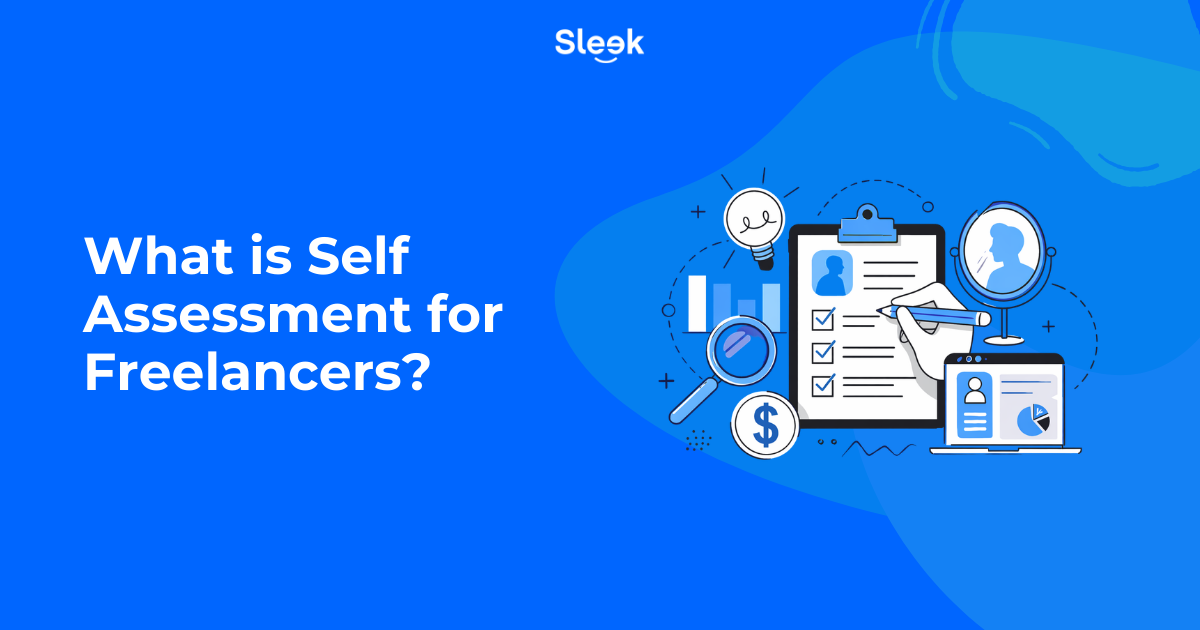 Illustration of a freelancer self assessment checklist with clipboard, financial charts, magnifying glass and laptop dashboard on blue background