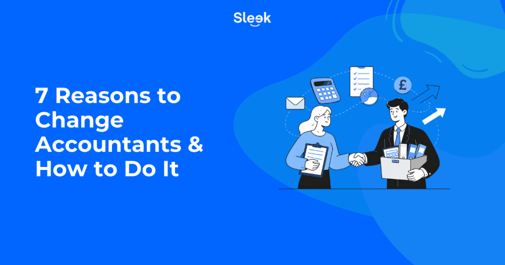 Illustration of two professionals shaking hands while exchanging accounting documents, representing switching accountants in the UK
