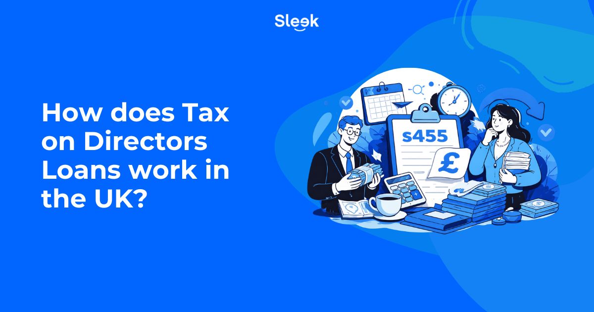 Illustration showing tax on directors loans in the UK with S455 form, calculator, cash, and director reviewing company loan repayment