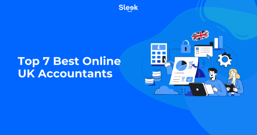 Illustration representing online accounting services in the UK with financial tools, charts, and digital bookkeeping elements for a guide to the best online accountants.