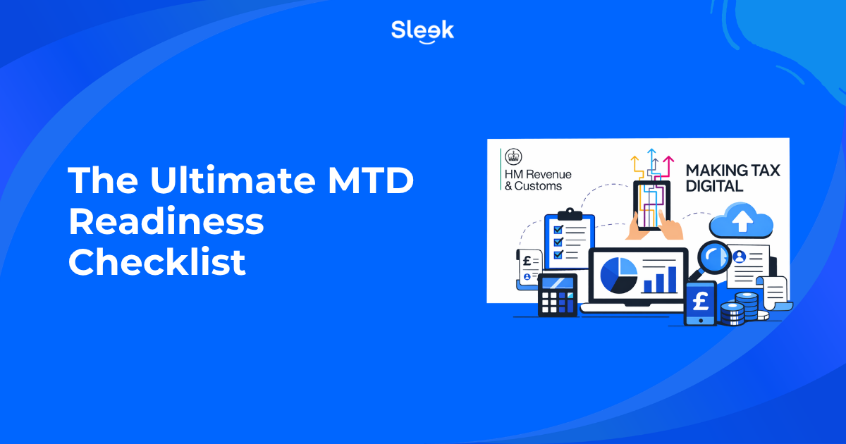 Sleek blog thumbnail for a Making Tax Digital readiness checklist, featuring a blue branded background, bold white title text, and an abstract HMRC-inspired tax compliance graphic with checklist, laptop, calculator, cloud upload, and finance icons.