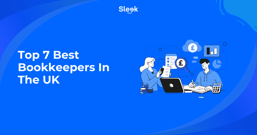 Top 7 best bookkeepers in the UK illustration with Sleek branding showing accountants reviewing financial documents, charts, and pound symbols