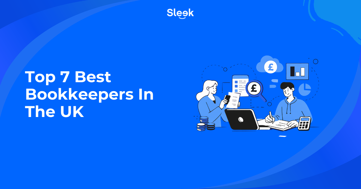 Top 7 best bookkeepers in the UK illustration with Sleek branding showing accountants reviewing financial documents, charts, and pound symbols