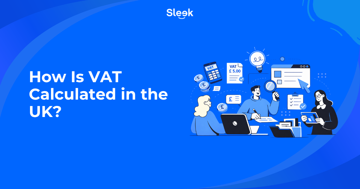 How is VAT calculated in the UK blog thumbnail with VAT calculator, invoice and business team