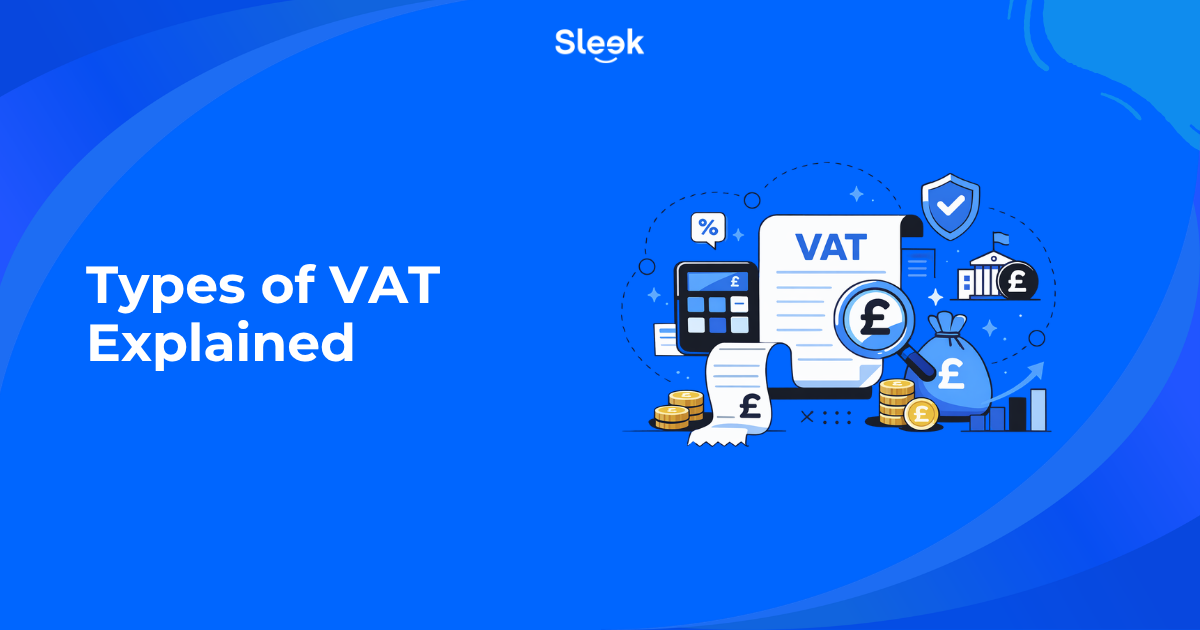 Types of VAT Explained blog thumbnail showing abstract VAT document, calculator, coins, and financial icons in Sleek blue style