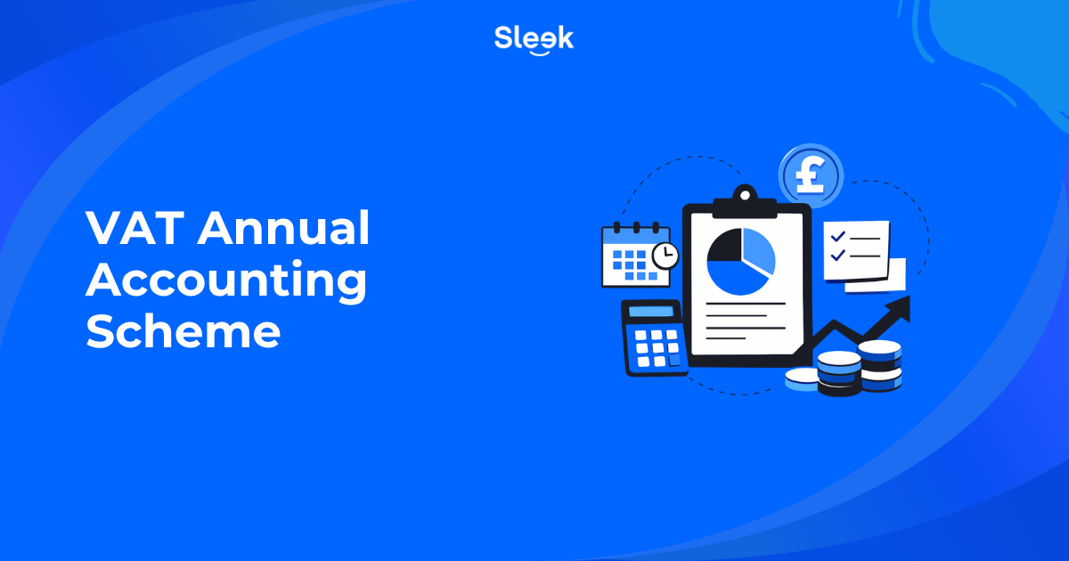 VAT Annual Accounting Scheme blog thumbnail showing abstract clipboard report, calendar, calculator, coins, and financial icons in Sleek blue style