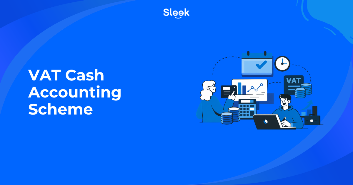 VAT Cash Accounting Scheme blog thumbnail showing business owners managing VAT with charts, coins, calendar, and laptop in Sleek blue style