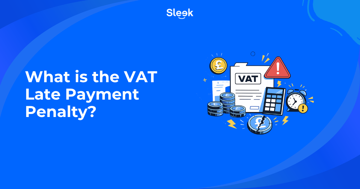 VAT late payment penalty illustration with coins, calculator, warning icon and VAT document on blue background