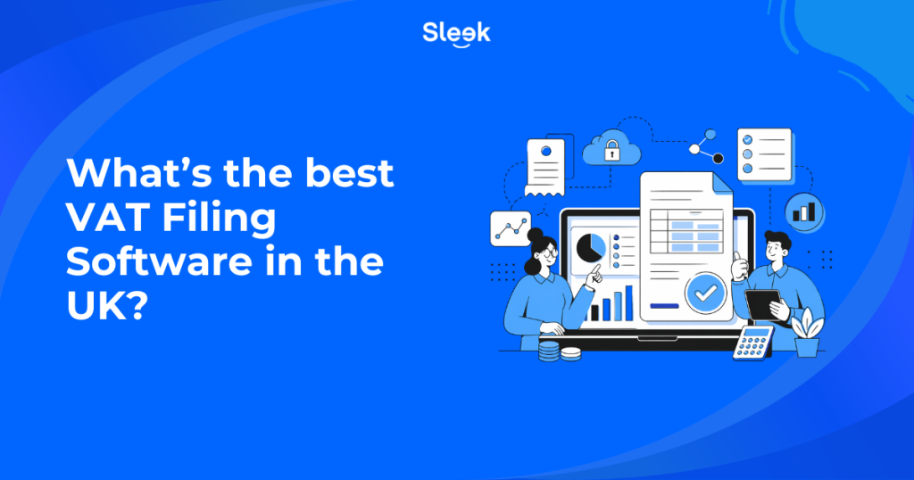 Best VAT filing software UK dashboard illustration showing VAT return form, analytics charts, secure cloud connection and approval checkmark for small business accounting