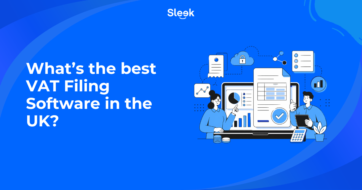 Best VAT filing software UK dashboard illustration showing VAT return form, analytics charts, secure cloud connection and approval checkmark for small business accounting