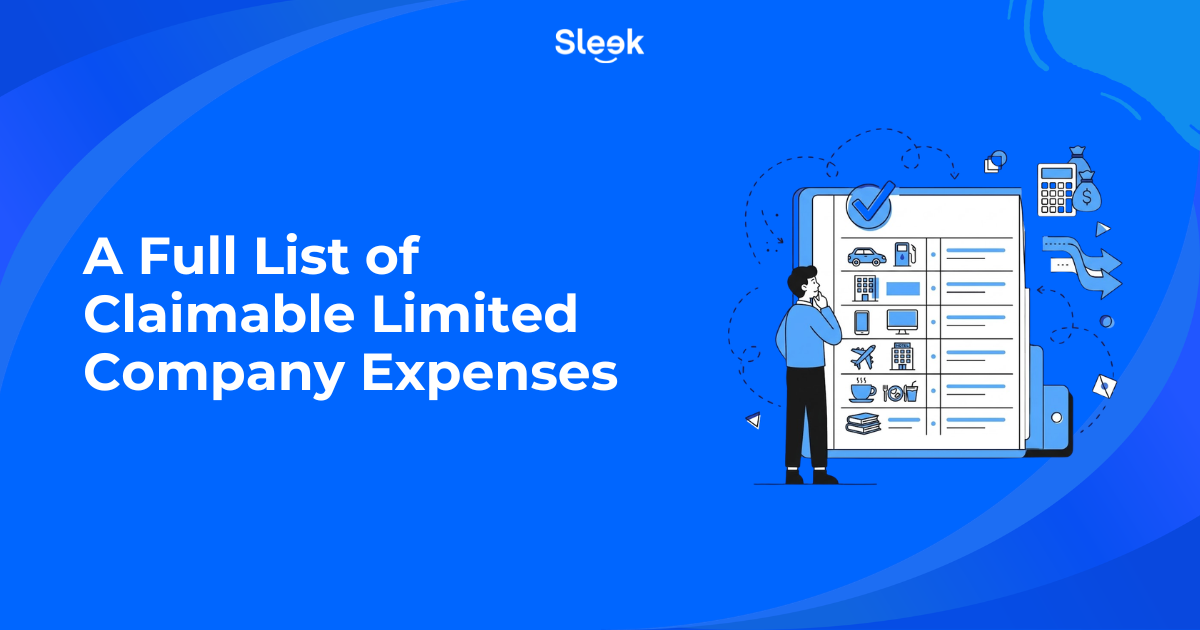 Illustration of a person reviewing a checklist of claimable limited company expenses, with icons for travel, equipment, office, and meals next to the Sleek logo.