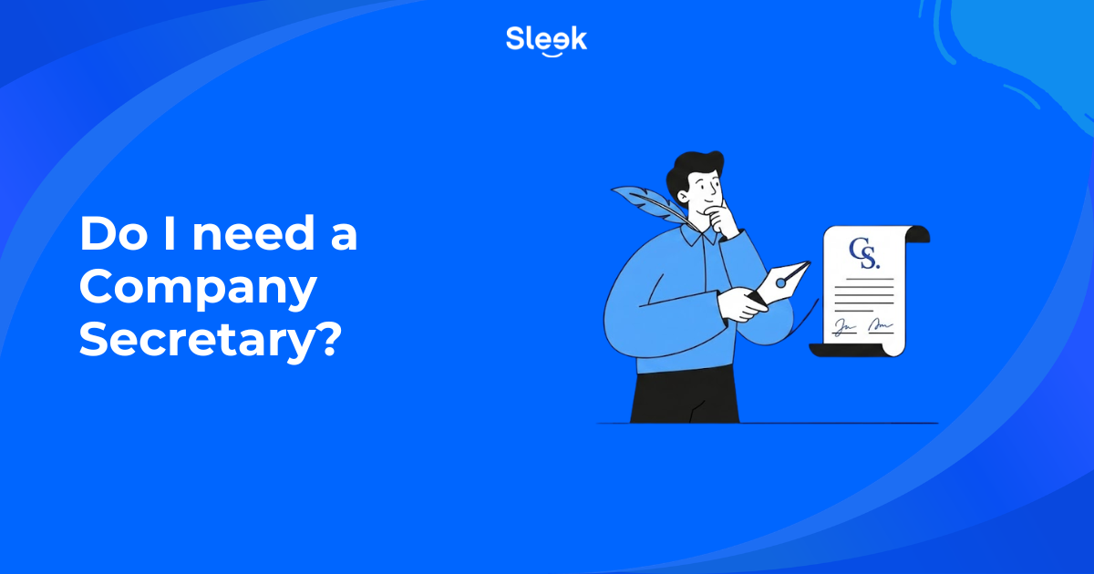 Sleek branded illustration of a person holding a quill and reviewing a company secretary document, with the title "Do I need a Company Secretary?"