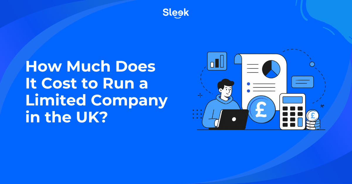 Alt text Illustration showing a person at a laptop with a pound coin, calculator, and financial documents, beside the text "How Much Does It Cost to Run a Limited Company in the UK?"