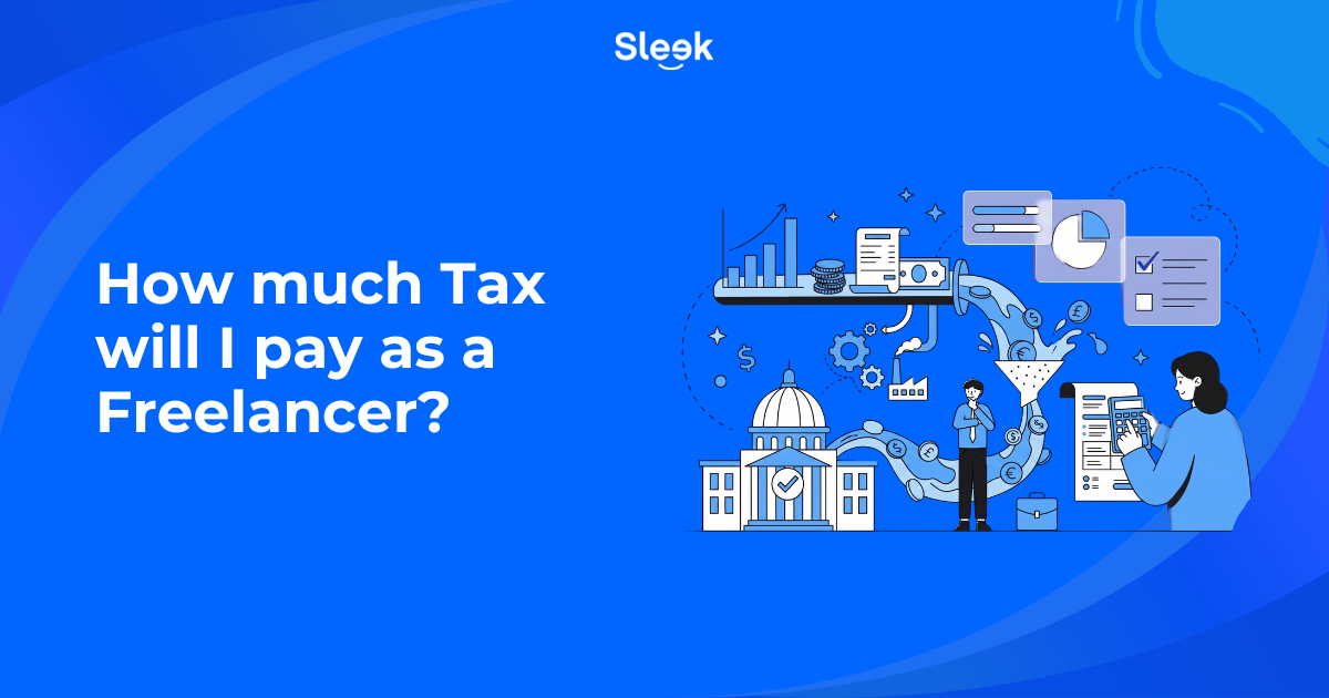 Illustrated graphic showing a freelancer calculating tax obligations in the UK, with financial icons representing income, HMRC, and tax brackets