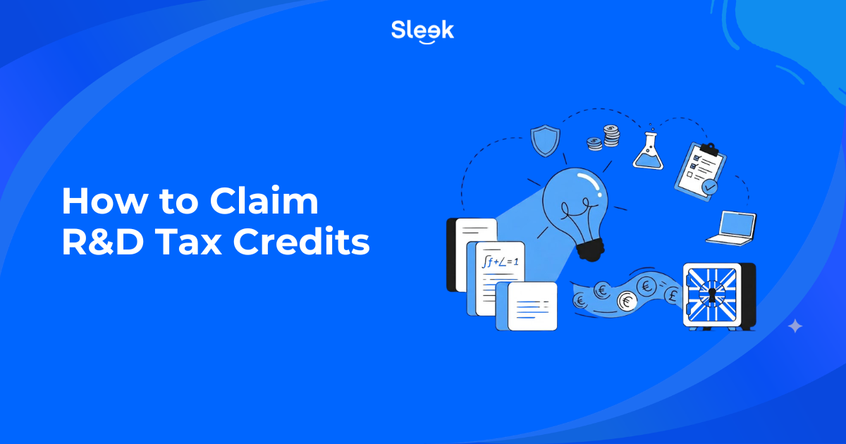 How to claim R&D tax credits in the UK, illustrated with a lightbulb, coins, and financial documents on a blue background