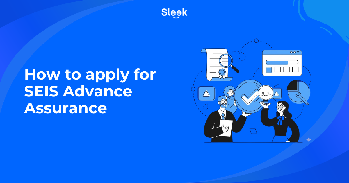 Illustrated graphic showing two professionals reviewing a certified document with a magnifying glass alongside browser and checklist icons, with the text How to apply for SEIS Advance Assurance on a blue background