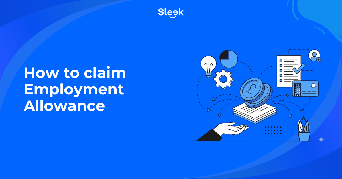 How to claim Employment Allowance illustration showing a hand holding a pound coin, payroll documents, and small business accounting icons on a blue Sleek branded background.