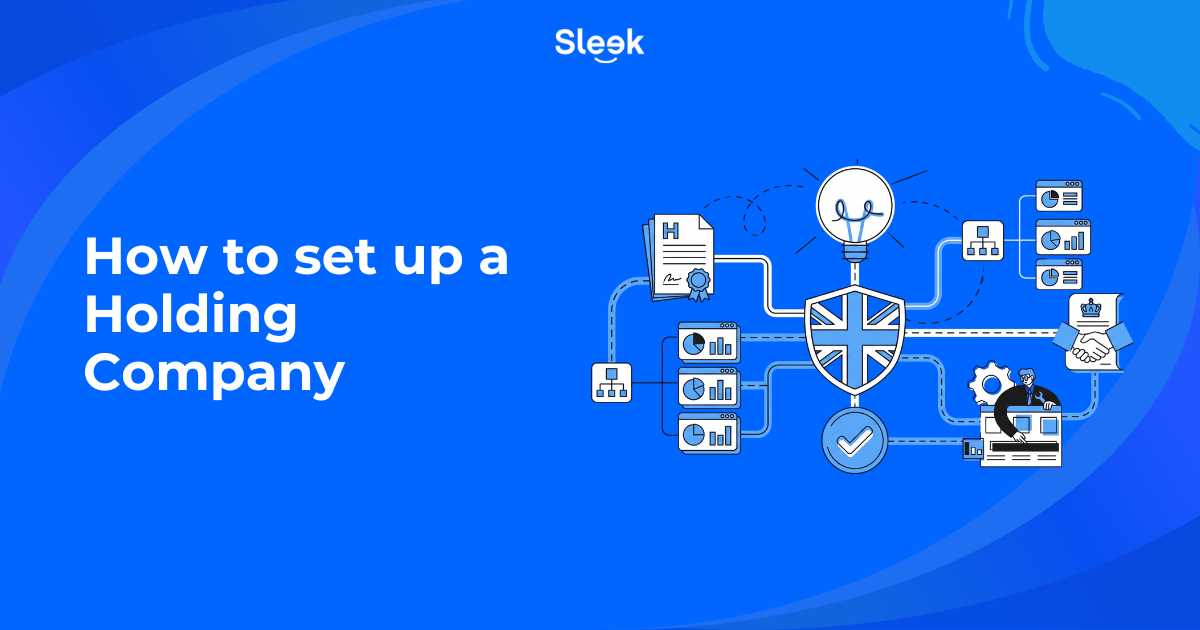 Illustration showing a network of business structure icons connected to a UK shield emblem, beside the text "How to set up a holding company"
