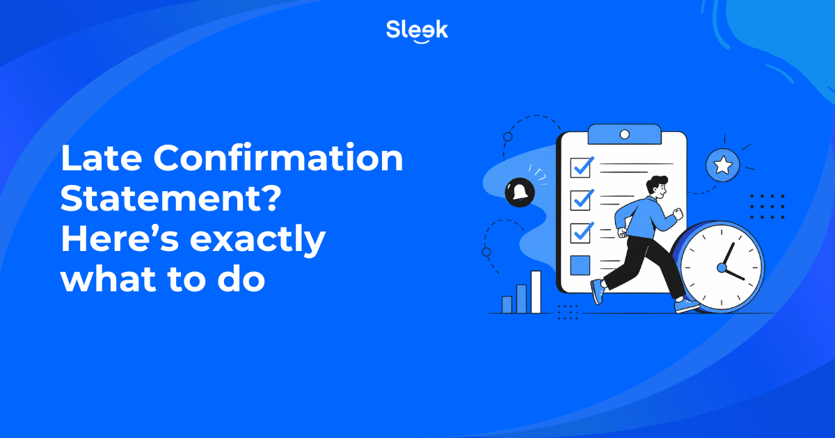 Sleek blog thumbnail with the heading "Late Confirmation Statement? Here's exactly what to do" beside an illustration of a person running past a large clock and a checklist.