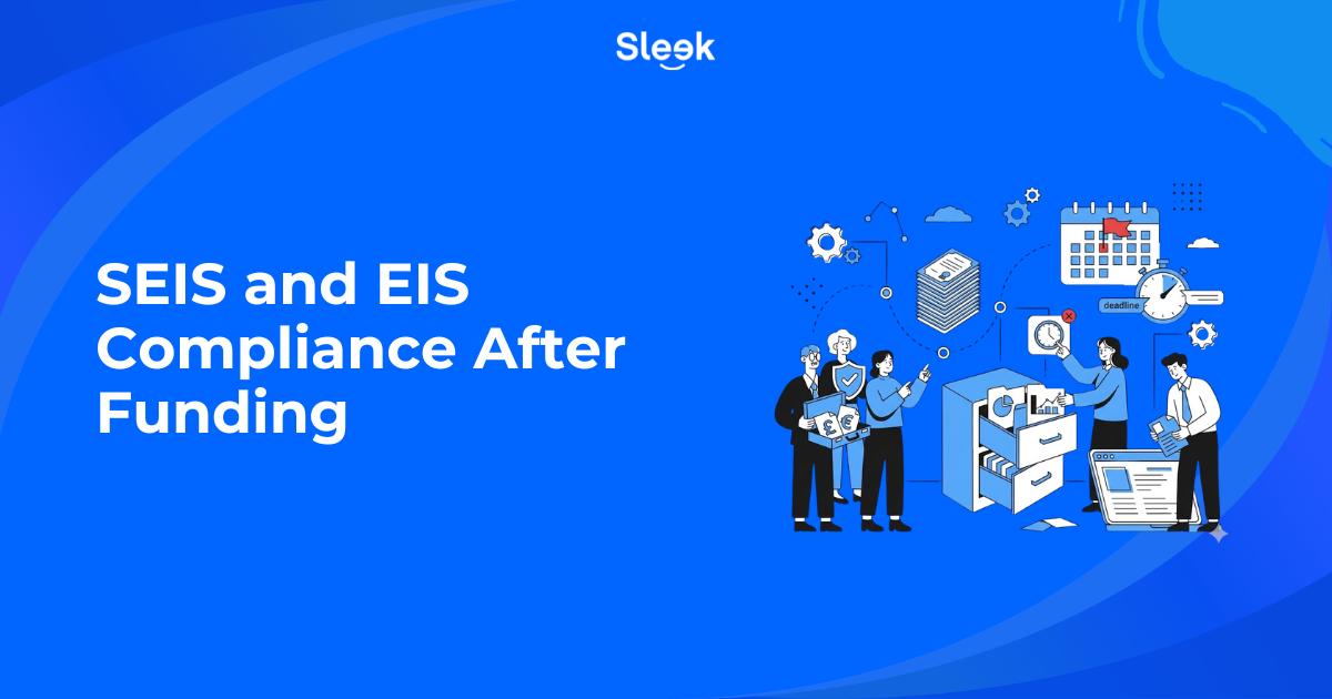 Illustrated graphic showing a team managing compliance documents, deadlines, and filing processes, with the text SEIS and EIS Compliance After Funding on a blue background