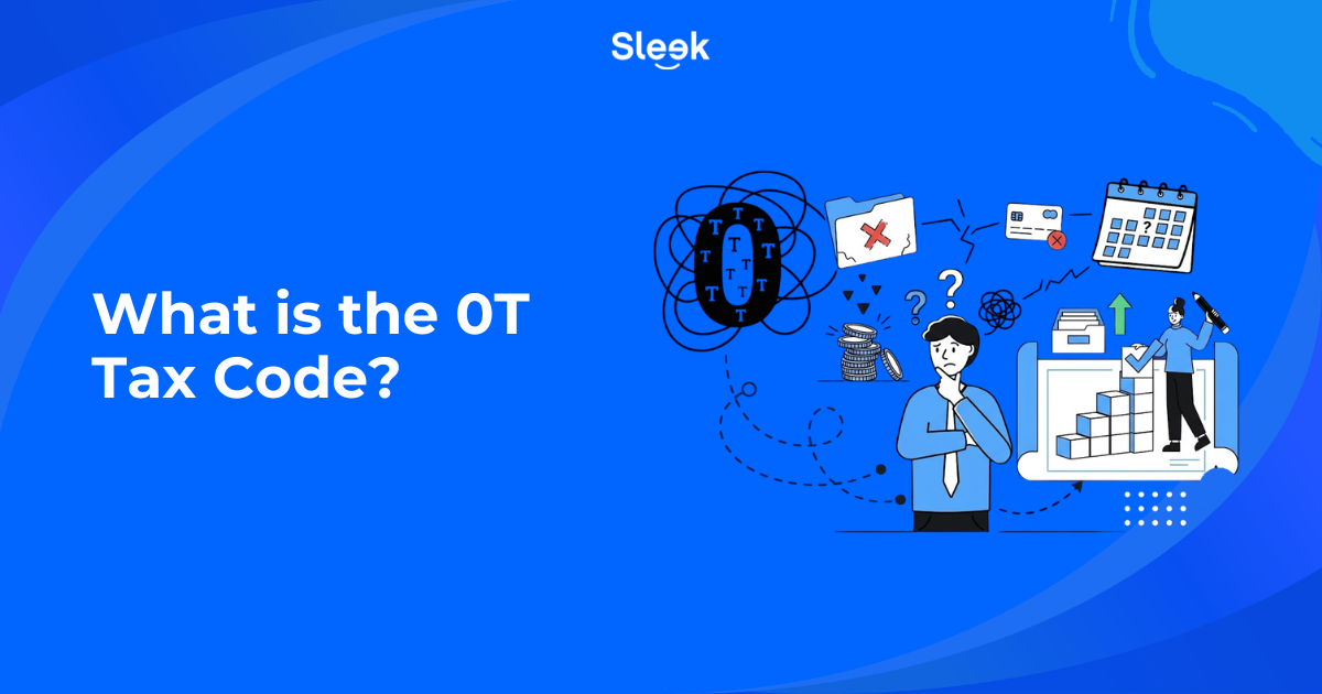 Sleek blog header graphic illustrating the 0T tax code, showing a confused worker surrounded by tax icons