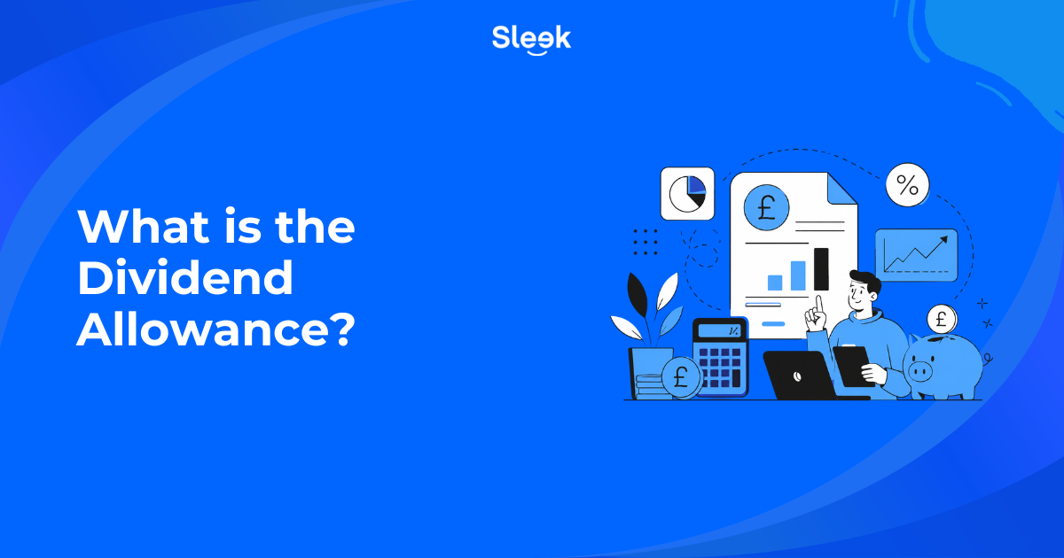 Sleek blog thumbnail with text reading "What is the Dividend Allowance?" beside an illustration of a person reviewing financial documents, charts, a calculator, and a piggy bank.