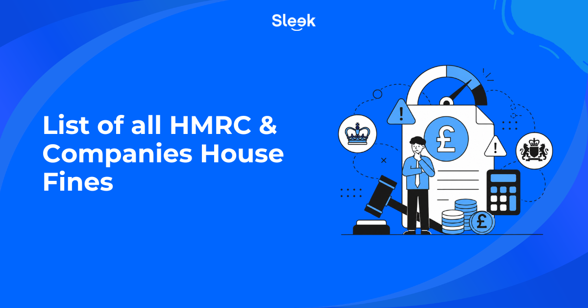 Sleek graphic titled List of all HMRC and Companies House fines, showing a worried director beside a penalty document, gavel, coins and calculator