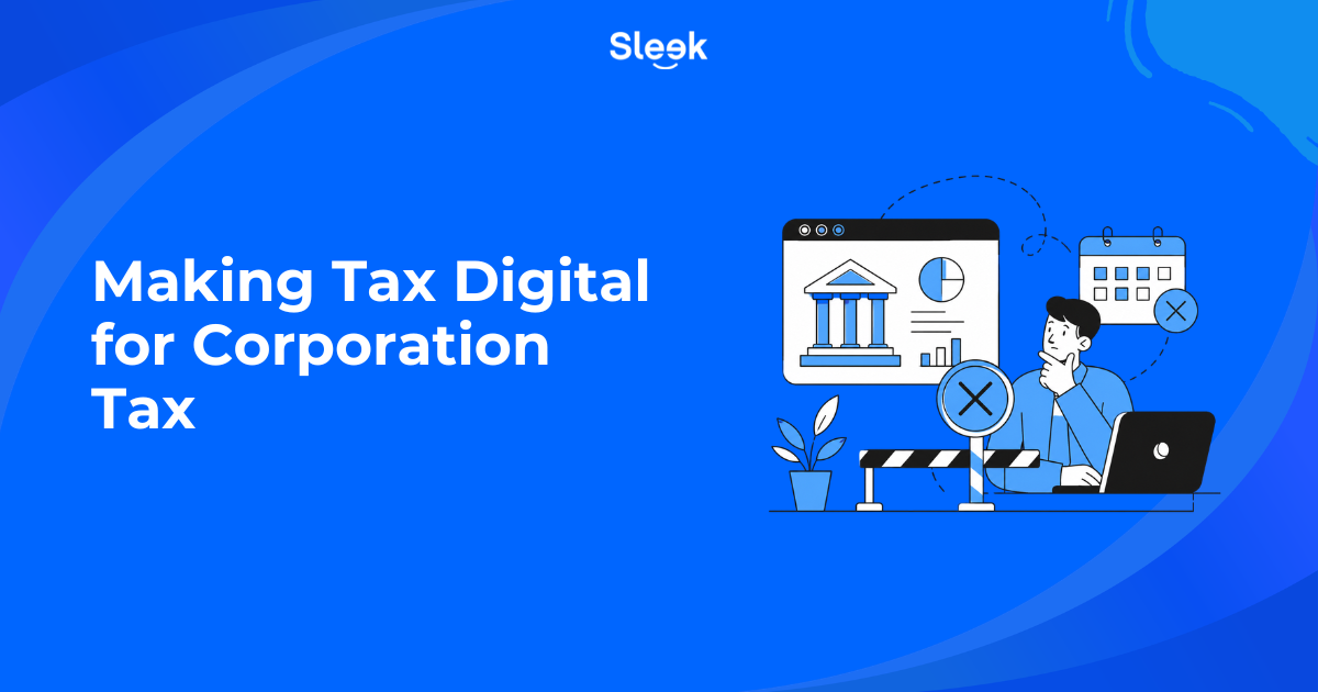 Making Tax Digital for Corporation Tax blog header showing a company director at a laptop with crossed-out calendar and barrier icons, signalling the scrapped MTD CT rollout