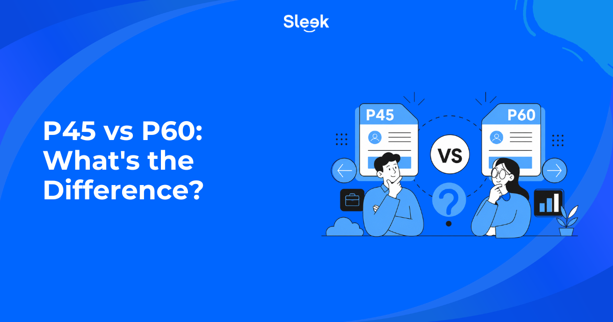 Sleek illustration comparing a P45 form and a P60 form side by side, with two people considering the difference between the two PAYE documents